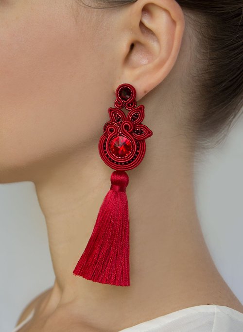 Olga Sergeychuk jewelry Earrings Bright Long Floral tassel earrings in red color Christmas Gift Wrapping