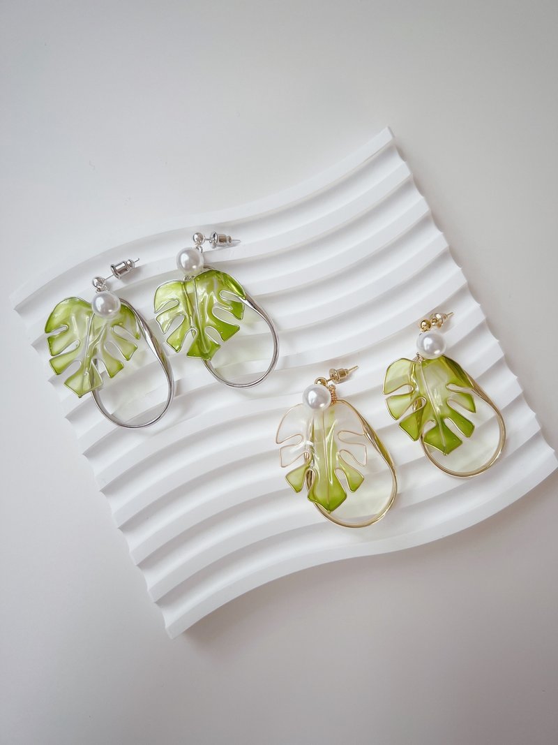 Turtle taro Silver drop resin earrings - Earrings & Clip-ons - Resin Green