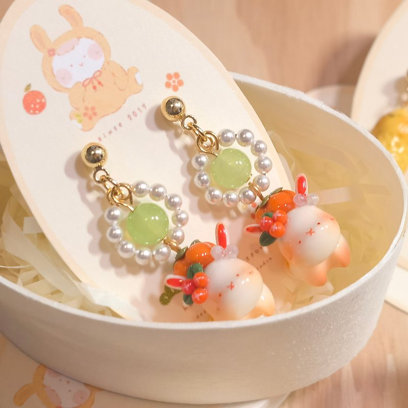 miniature persimmon rabbit earing miniature persimmon rabbit earrings & ear clips - Earrings & Clip-ons - Clay Orange