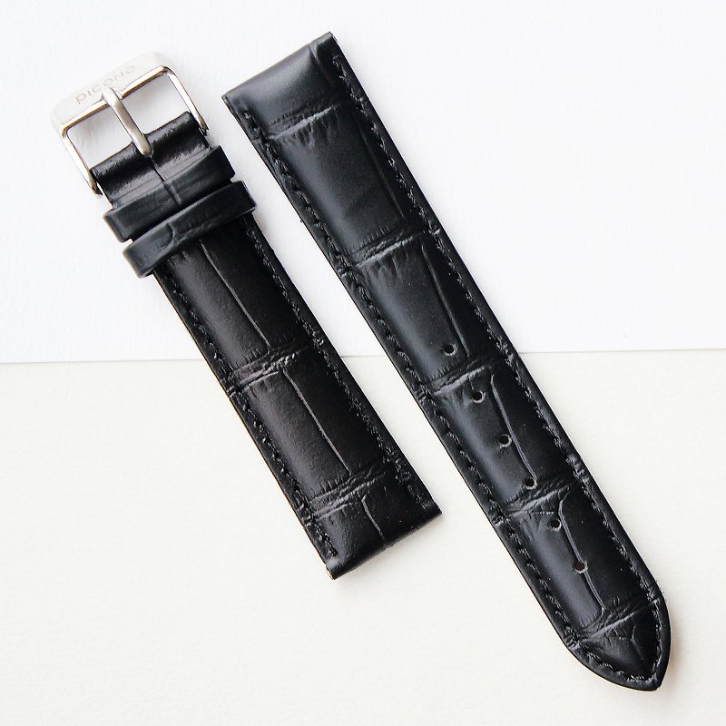 【PICONO】20-18mm texture black leather strap-Silver Buckle - Men's & Unisex Watches - Genuine Leather 