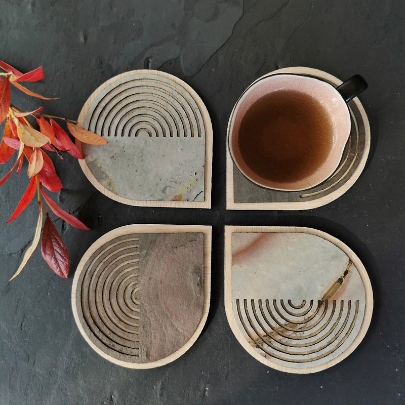 Disco style coasters set for cups / Wood and stone coasters / Tray and coasters - 杯墊 - 石頭 咖啡色