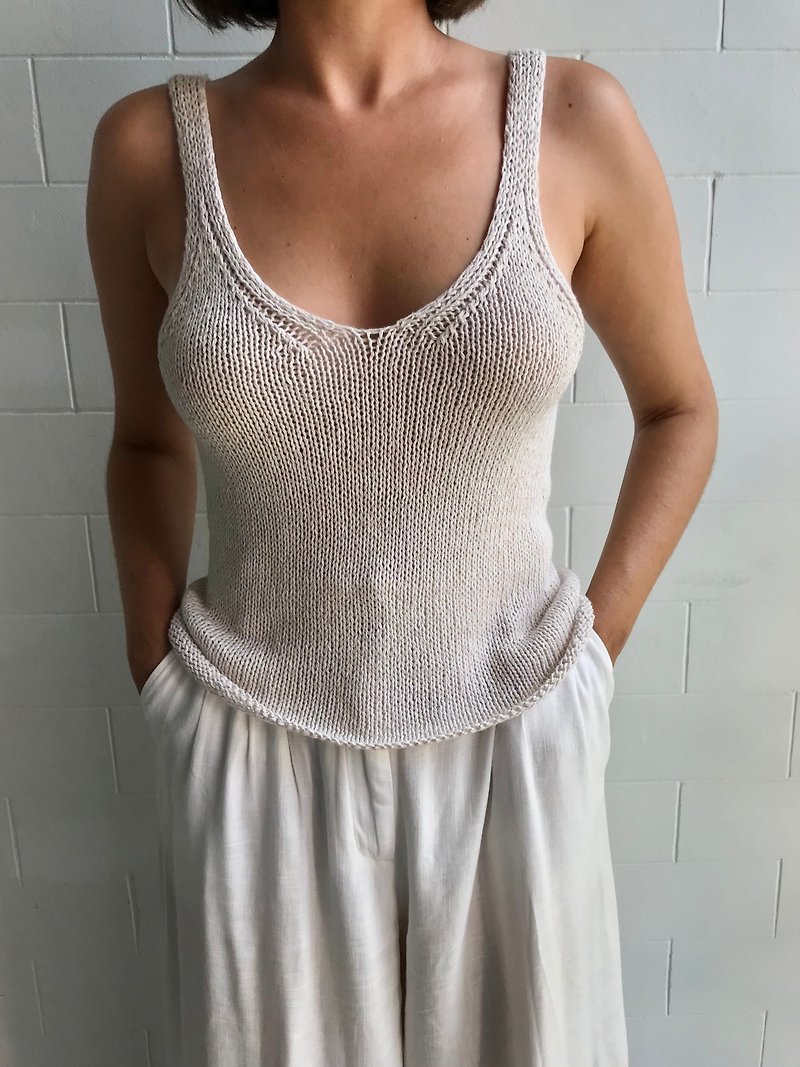 Hand knitted linen v-neck tank top - Women's Tops - Cotton & Hemp White