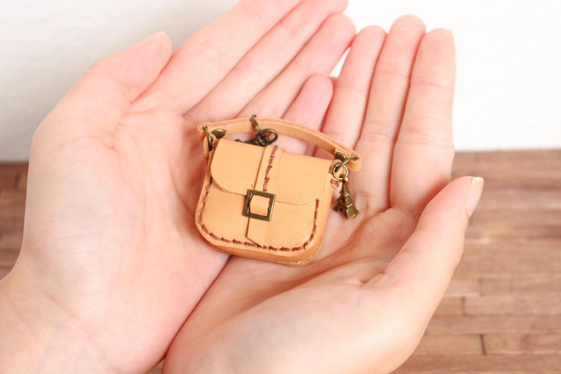 Genuine leather bag charm for miniature bag with strap beige - Charms - Genuine Leather Pink