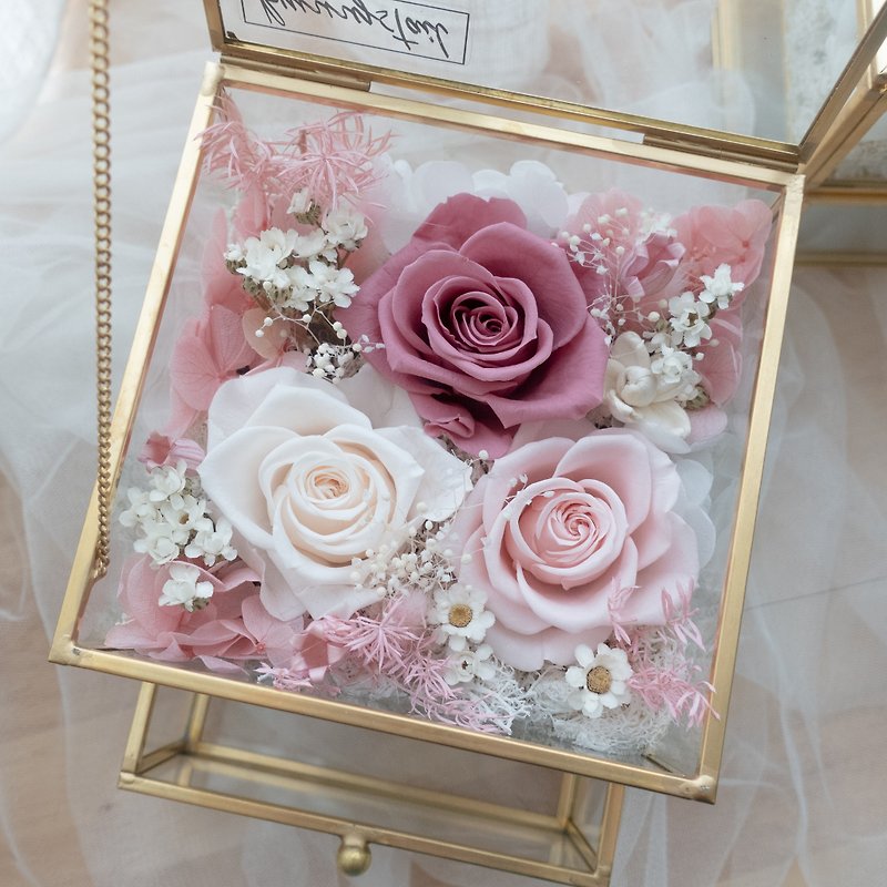 玻璃 乾花/永生花 粉紅色 - 【客製】永生花抽屜珠寶盒-暖色 玫瑰/玻璃盒/實用