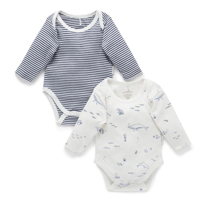 Australian Purebaby organic cotton baby onesies/newborn jumpsuit 2-piece set dark blue stripes - Onesies - Cotton & Hemp 