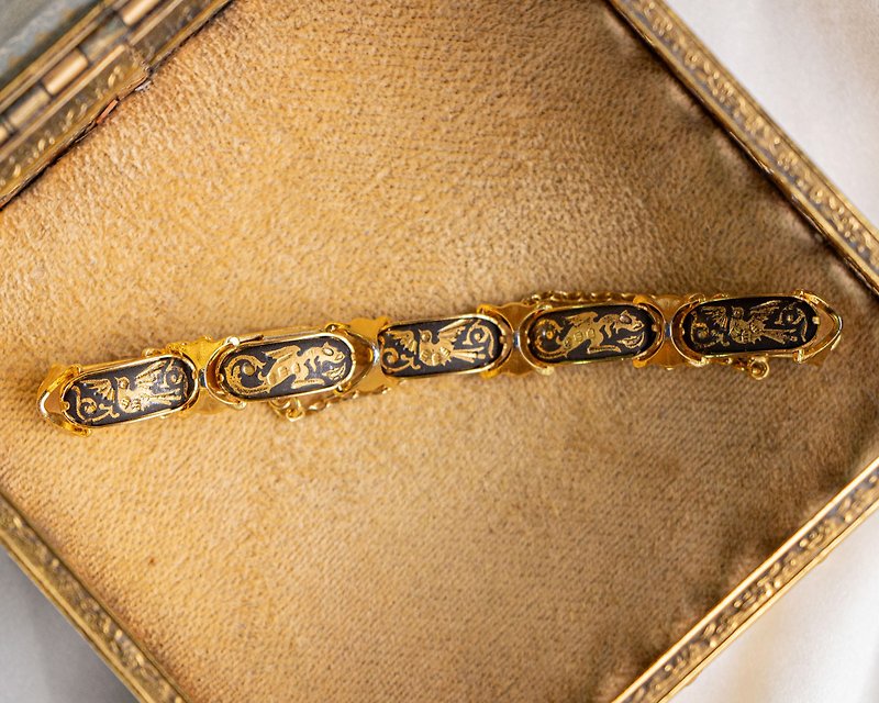 Spanish antique Damascus 24K metal inlaid craft bird and fire dragon totem bracelet - Bracelets - 24K Gold Gold