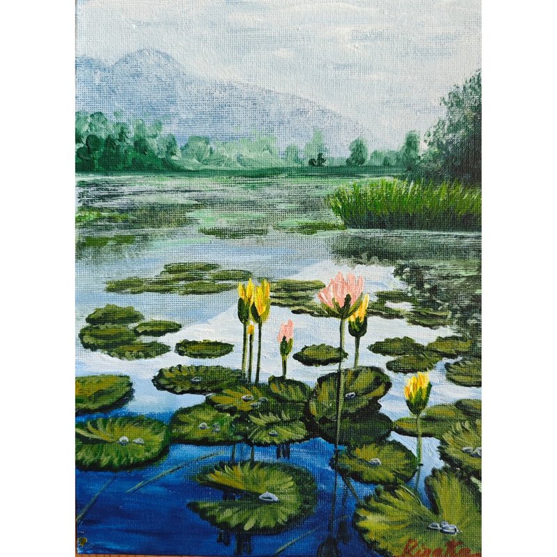 Water Lily Landscape Original Art Fog Over The Lake Hand Painted By RinaArtSK - Wall Décor - Other Materials Multicolor