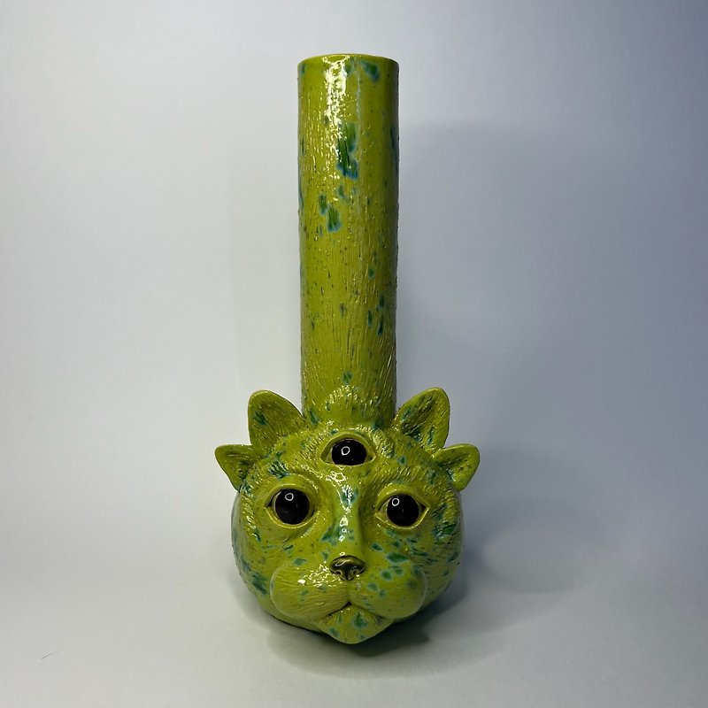 手作り陶器ボング 猫 - 花瓶・植木鉢 - 粘土 グリーン