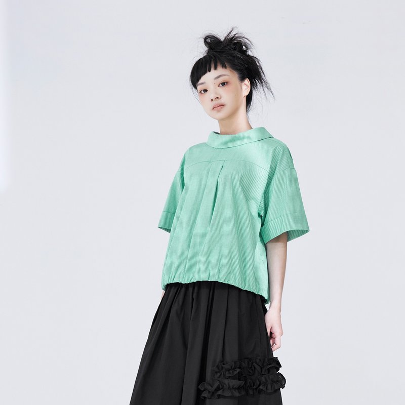 細格紋短袖後釦上衣 - 女上衣/長袖上衣 - 棉．麻 綠色