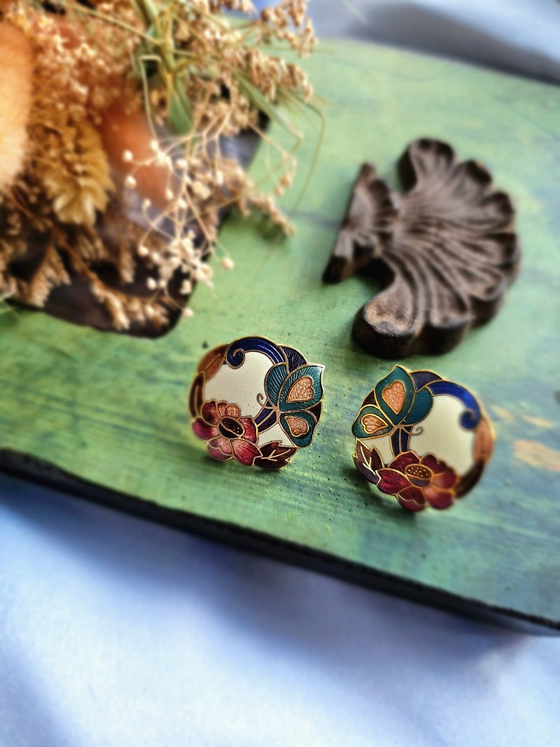 Butterfly and Flower Cloisonné Needle Earrings/Retro Early Jewelry/American Western Antique Jewelry - Earrings & Clip-ons - Other Metals 