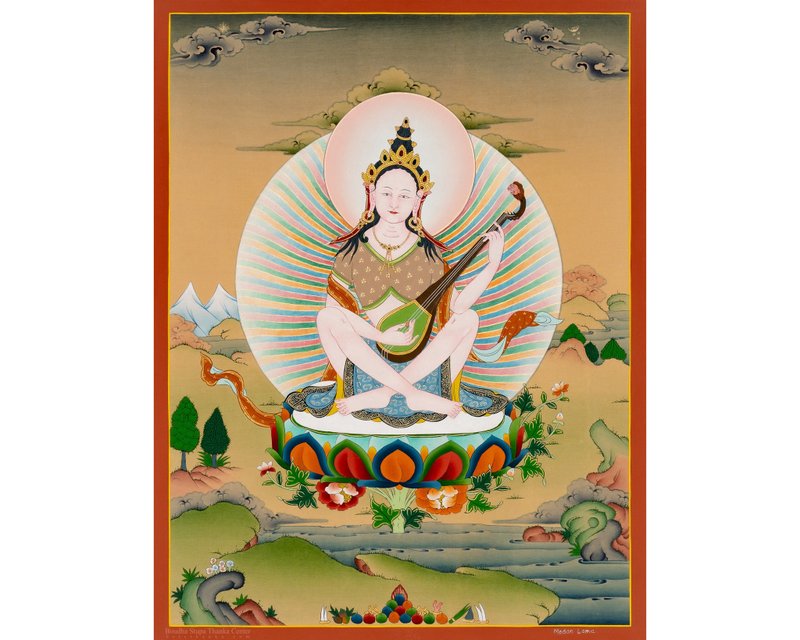 薩拉斯瓦蒂唐卡畫作 | 手工製作的西藏藝術  啟發智慧與靈感 - 壁貼/牆壁裝飾 - 其他材質 多色