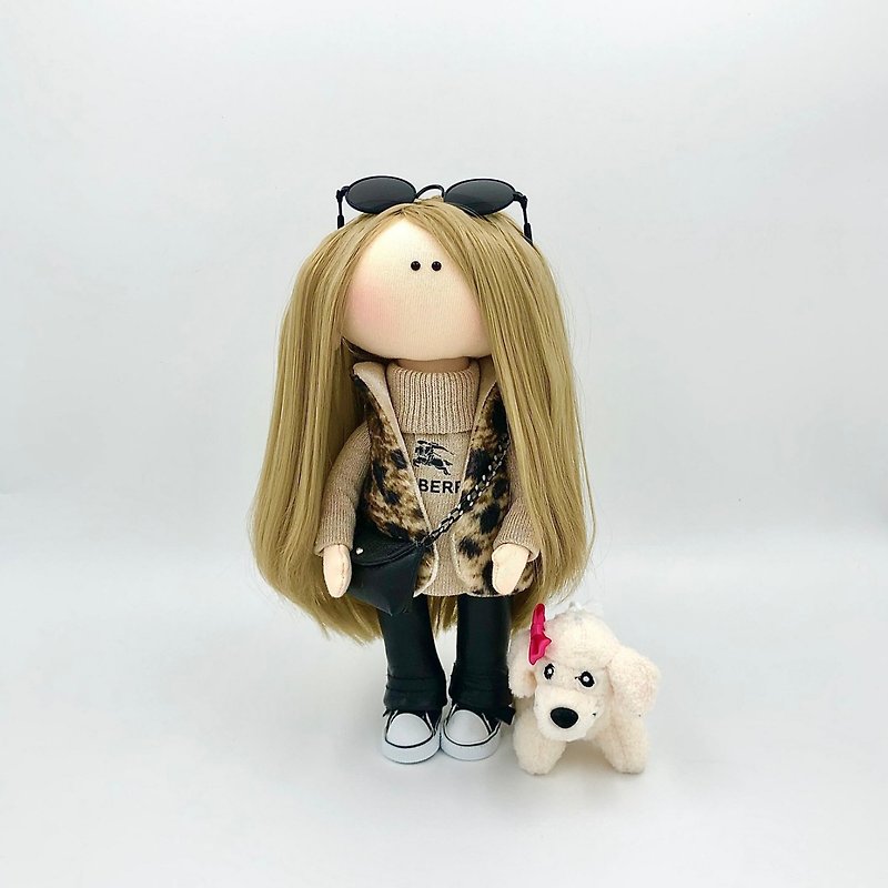 Doll with dog, Rag tilda, Fabric puppe, Soft art doll, Cloth handmade doll - 公仔模型 - 其他材質 咖啡色