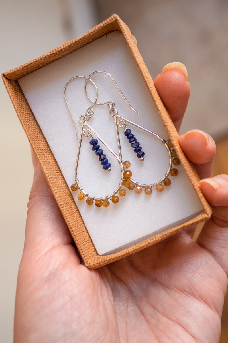 Lapis Lazuli and Rutile quartz Earrings, Libra gemstone gift, Boho jewelry - 耳環/耳夾/耳骨夾 - 寶石 多色