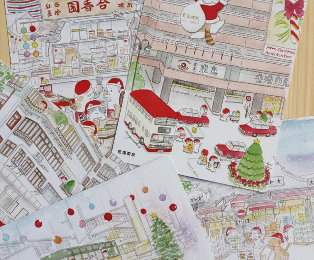 Cat Hong Kong Christmas Postcard Set A -5 pieces - Shop