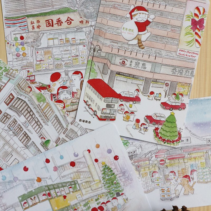 Cat Hong Kong Christmas Postcard Set A -5 pieces - การ์ด/โปสการ์ด - กระดาษ 