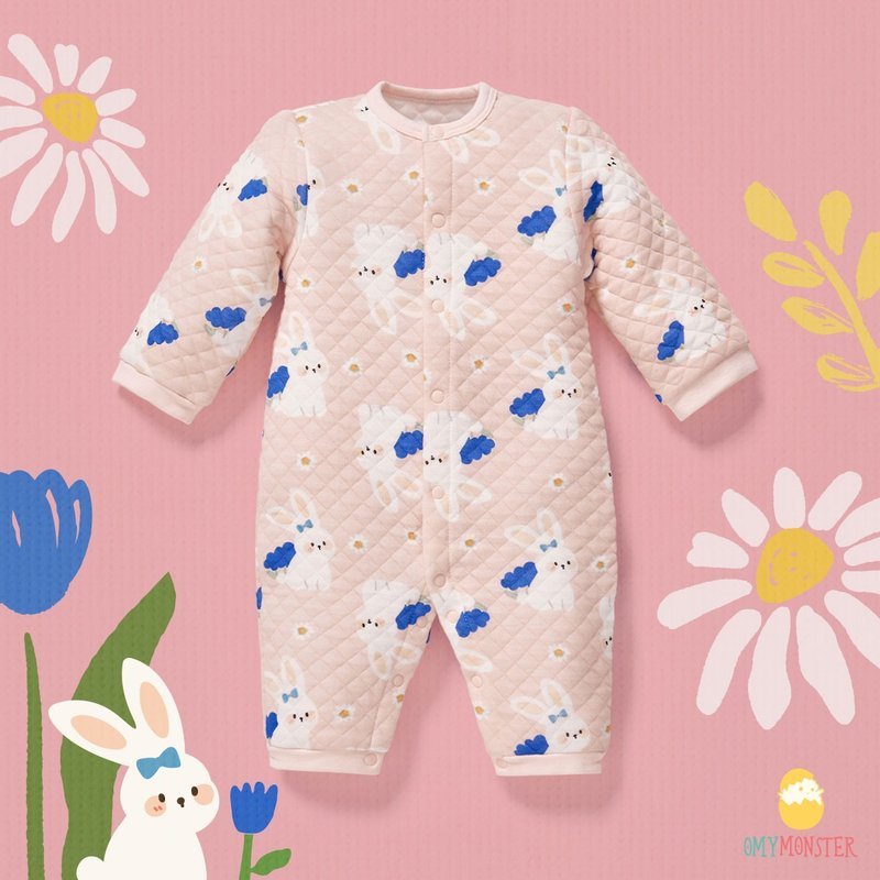 OMYMONSTER Cherry Blossom Pink Limited Edition Blue Bell Rabbit Long Sleeve Padded Jumpsuit - ชุดทั้งตัว - ผ้าฝ้าย/ผ้าลินิน สึชมพู