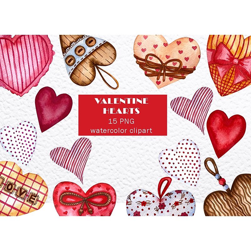 Watercolor valentine's hearts clip art. Love png, hearts set. - Digital Planner & Materials - Other Metals 