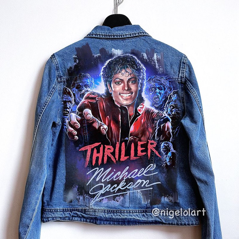 Michael Jackson Thriller, Handmade Custom jacket blue jean jacket, - 女大衣/外套 - 棉．麻 藍色