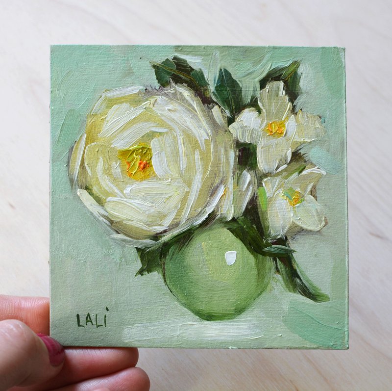 Rose & Mock-orange 100%Original Oil Painting Modern art 10x10cm - Wall Décor - Other Materials Green