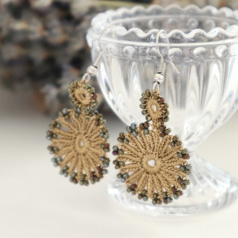 OYA crochet Earrings  - TAROT -  Mustard yellow - ต่างหู - งานปัก สีเหลือง