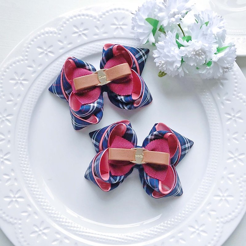Classic British plaid imitation belt double-layer bow hairpin - Hair Accessories - Polyester Blue