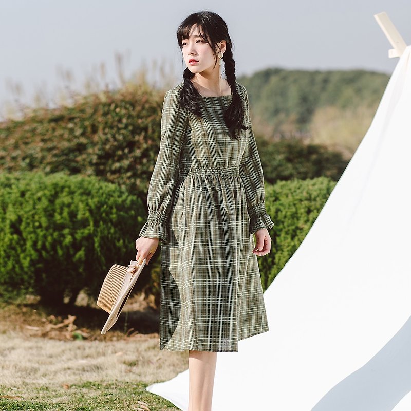 アン陳2018春と夏の新しいスタイルの文学の女性の正方形の襟の格子縞の長いドレススカートのドレス - ワンピース - コットン・麻 グリーン