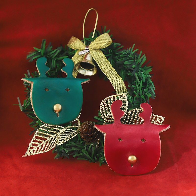 聖誕節皮革麋鹿集線器-紅。綠 (Xmas 、聖誕禮物、交換禮物) - 捲線器/電線收納 - 真皮 紅色