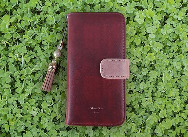 [Compatible with all models] Free shipping [Notebook type] Suede-style adult wine red with tassel strap iPhone8 / iPhone8 Plus / iPhoneX - Phone Cases - Genuine Leather Pink