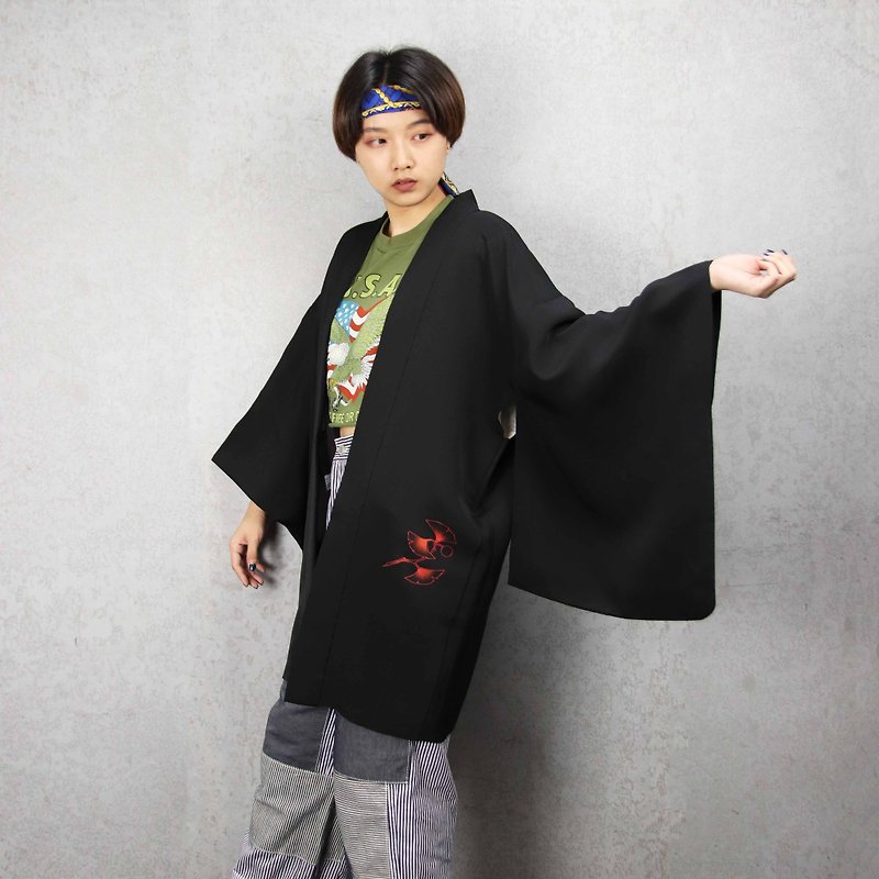 Tsubasa.Y Hand-painted feather woven 003 orange branch veins, Japanese kimono cover - จัมพ์สูท - ผ้าไหม 