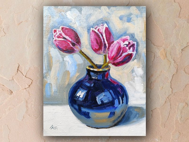 Tulip Painting Original Oil Art Stretched Canvas Pink Flowers Artwork 20 by 25 - Posters - Other Materials Pink