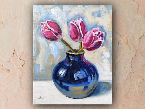 AlbinaBeadArt Tulip Painting Original Oil Art Stretched Canvas Pink Flowers Artwork 20 by 25