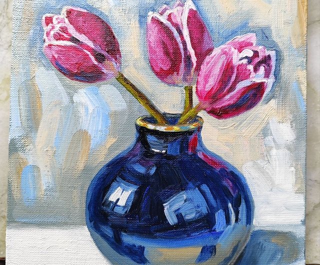 キャンバス油絵 専用 青い背景のコップに入れた野のお花 抽象静物画
