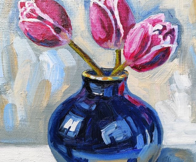 チューリップの絵画 オリジナル油絵 キャンバスに張られたピンク