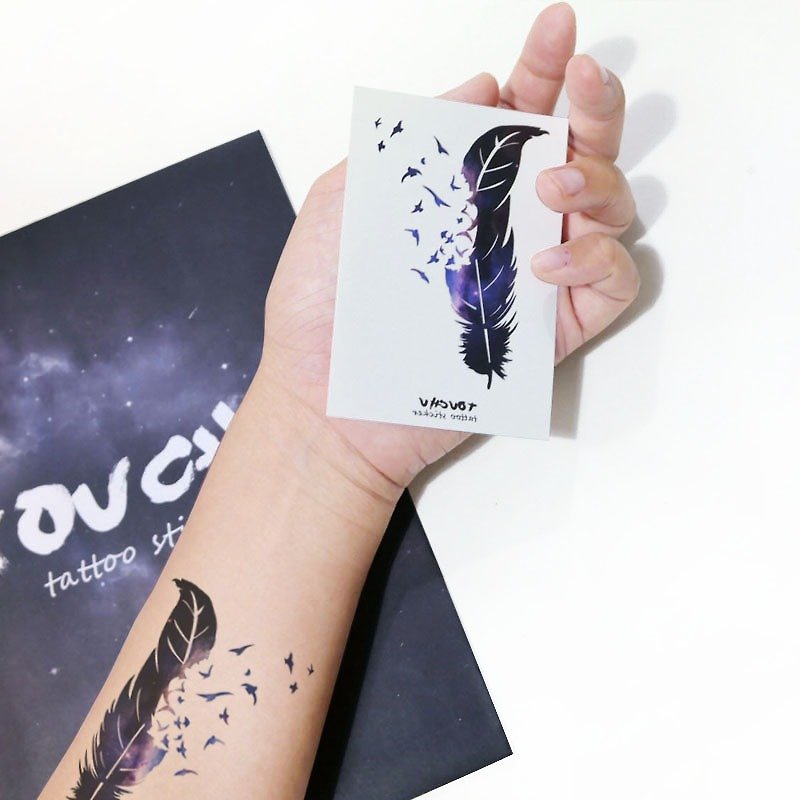 TU Tattoo Sticker - star, purple feather, big / Tattoo / waterproof Tattoo / original / Tattoo Sticker - สติ๊กเกอร์แทททู - กระดาษ สีม่วง