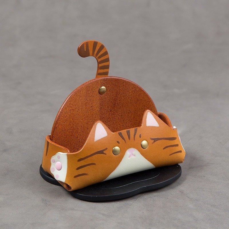 Business card holder mobile phone holder (wide-orange tabby cat) - แฟ้ม - หนังแท้ สีส้ม