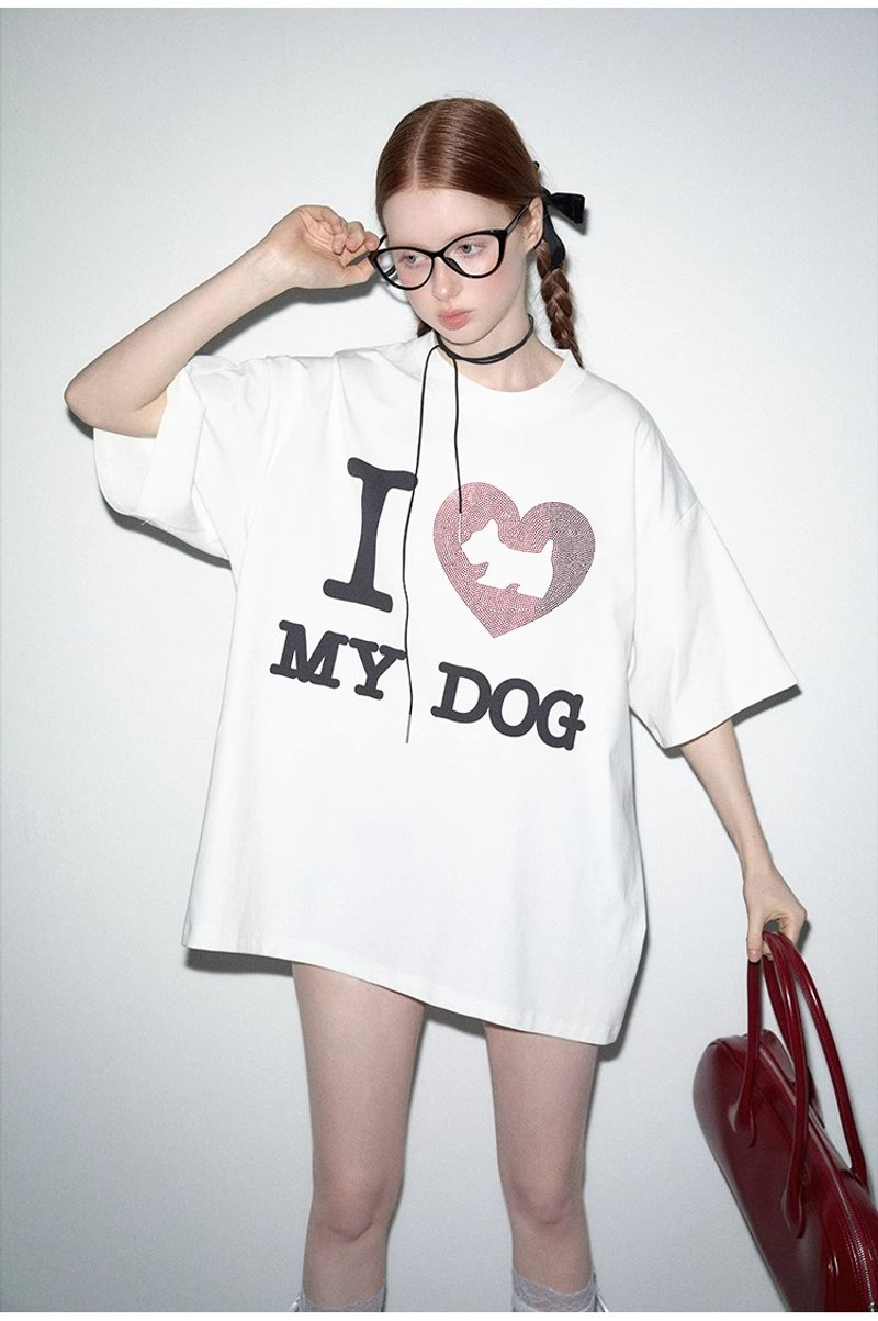 Puppy rhinestone print round neck loose large size T-shirt - เสื้อยืดผู้หญิง - ผ้าฝ้าย/ผ้าลินิน 