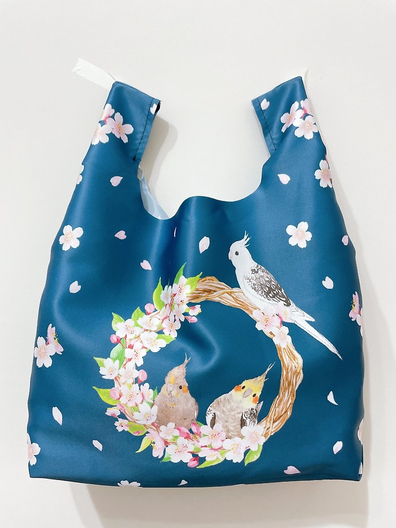 Rolia's Handmade Cockatiel / Cherry Blossom Wreath / Foldable Storage Eco-friendly Shopping Bag - กระเป๋าถือ - เส้นใยสังเคราะห์ 