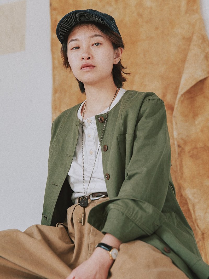 Army green chasing American retro twill tooling short jacket Japanese style cotton spring and summer unisex jacket - Women's Casual & Functional Jackets - Cotton & Hemp Green