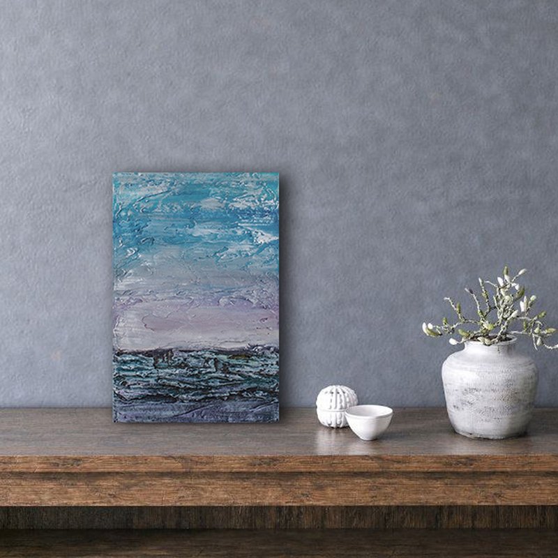 Small abstract painting from the artist, a landscape in blue and grey shades - Wall Décor - Other Materials Blue