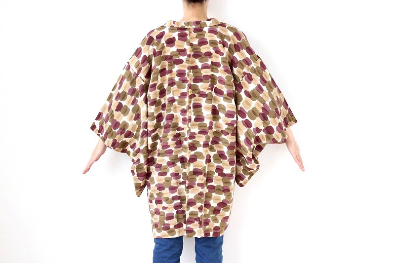 abstract kimono, Japanese kimono, kimono jacket, authentic kimono /3820 - เสื้อแจ็คเก็ต - เส้นใยสังเคราะห์ สีนำ้ตาล