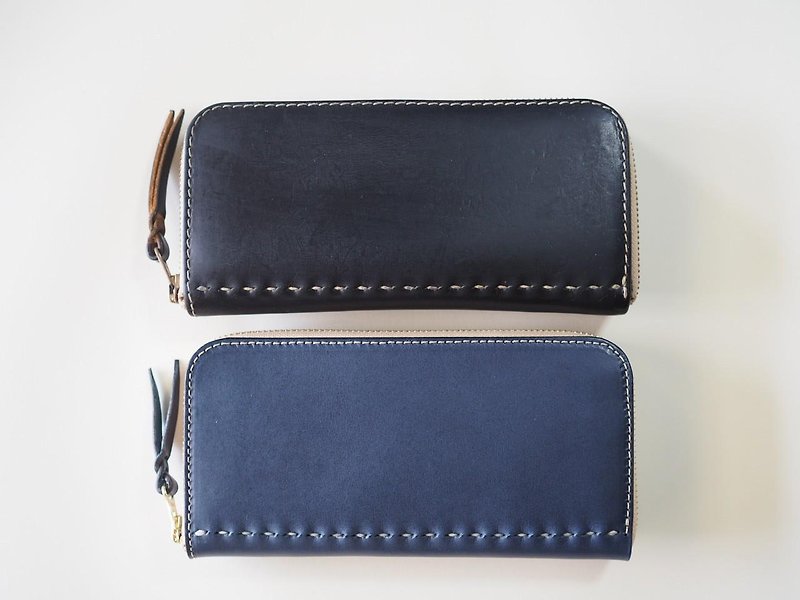 Classic long wallet with U-shaped zipper / navy - กระเป๋าสตางค์ - หนังแท้ สีน้ำเงิน