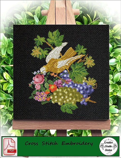 CreativeStudioElenka Vintage Cross Stitch Scheme Pigeon and grapes - PDF Embroidery Scheme