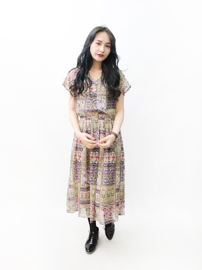 日本製復古典雅圖騰花朵短袖古著洋裝Vintage Dress - 洋裝/連身裙 - 聚酯纖維 卡其色