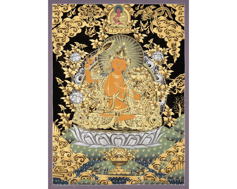 文殊菩薩唐卡 神聖冥想者 手工製作的智慧象徵 - 壁貼/牆壁裝飾 - 其他材質 多色