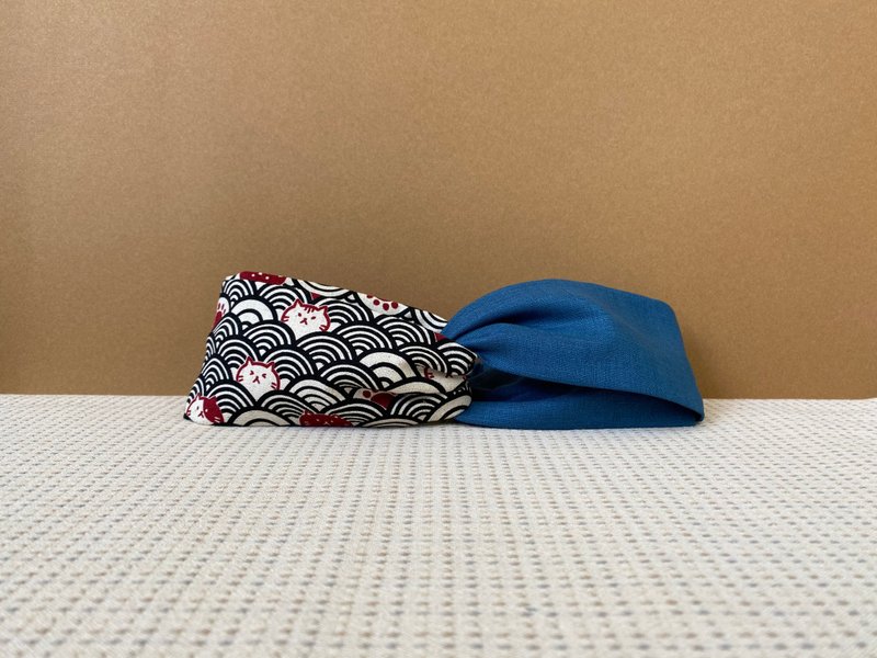 Shuangpin headband / black wave meow-blue - Headbands - Cotton & Hemp Blue