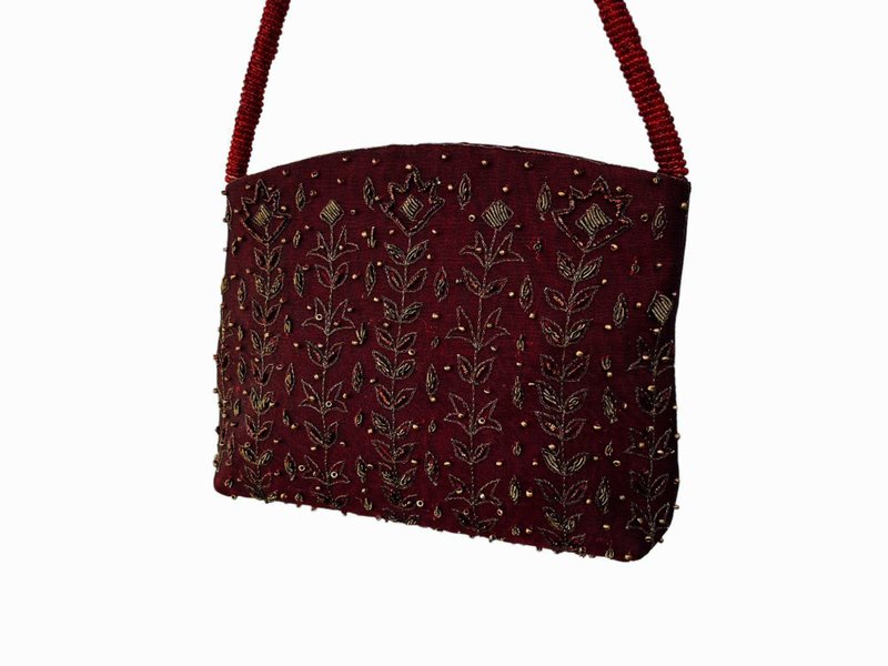 70s Red Silk bag with gold thread and bead Embroidery floral evening purse - Handbags & Totes - Silk Red