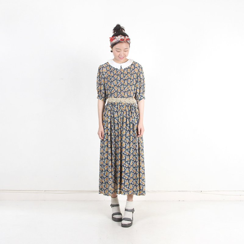 [Eggs and plants] vintage spring flower print short-sleeved vintage dress - One Piece Dresses - Polyester Multicolor