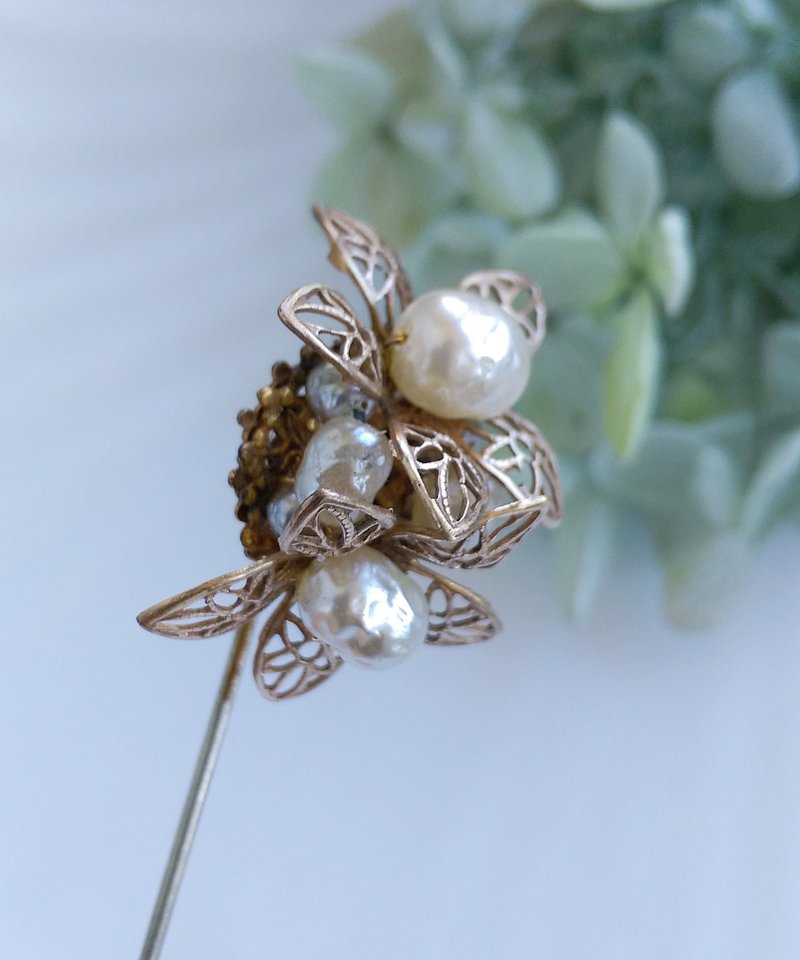 Vintage Jewelry 西洋古董飾品 無標記 Miriam Haskell 珠花 棒針 - 徽章/別針 - 其他金屬 金色