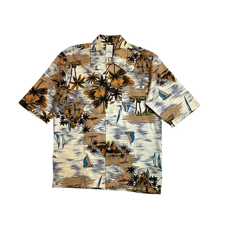 Vintage 80s Sun Lunar Brown Sail Coconut Hawaiian Shirt - เสื้อเชิ้ตผู้ชาย - ผ้าฝ้าย/ผ้าลินิน สีนำ้ตาล