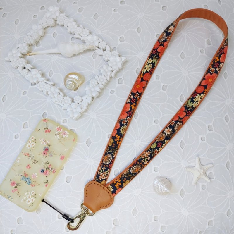 Orange Y-shaped decompression two-color Korean fabric leather mobile phone neck lanyard - Lanyards & Straps - Cotton & Hemp Orange